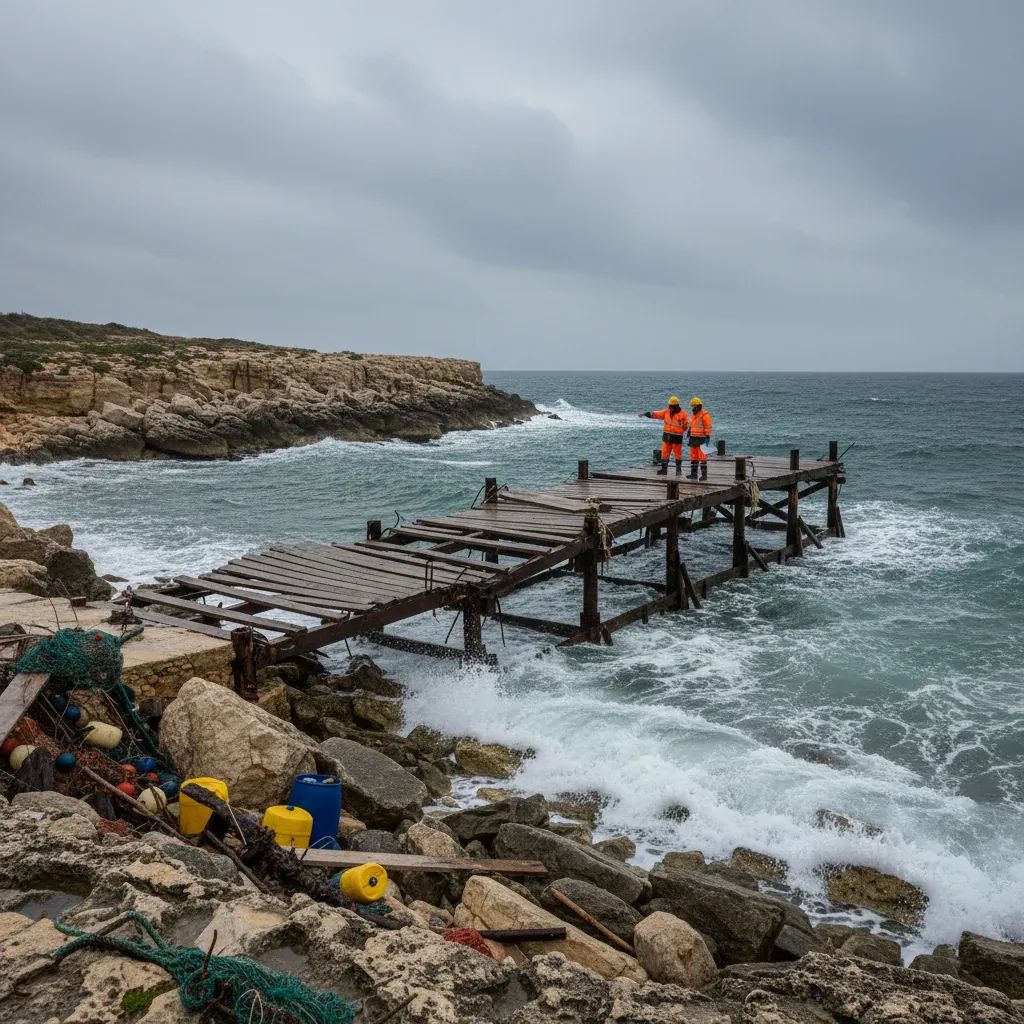 Workers survey storm-damaged Maltese cove with broken jetty and debris along rocky shoreline