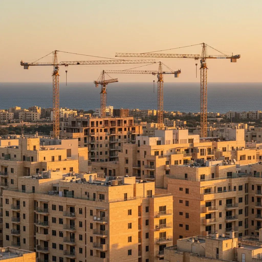 Construction cranes above new apartment blocks in a Maltese coastal town, highlighting rising housing supply