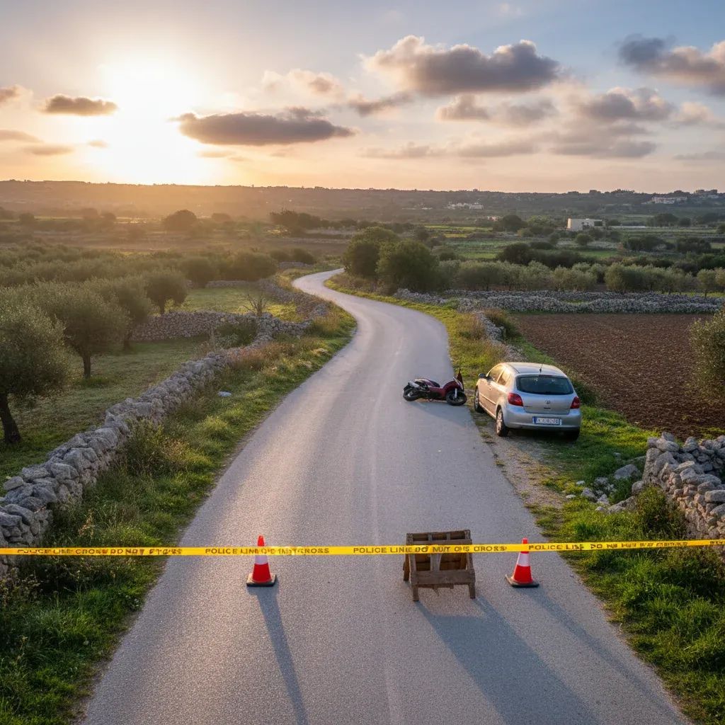 Police cones cordon off narrow rural Gozo road after dawn motorcycle collision