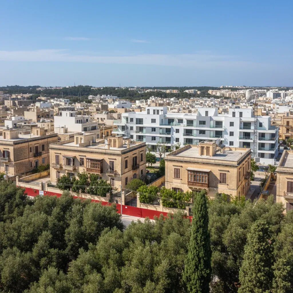 Aerial view of Balzan showing proposed apartment complex adjacent to traditional low-rise villas and heritage area