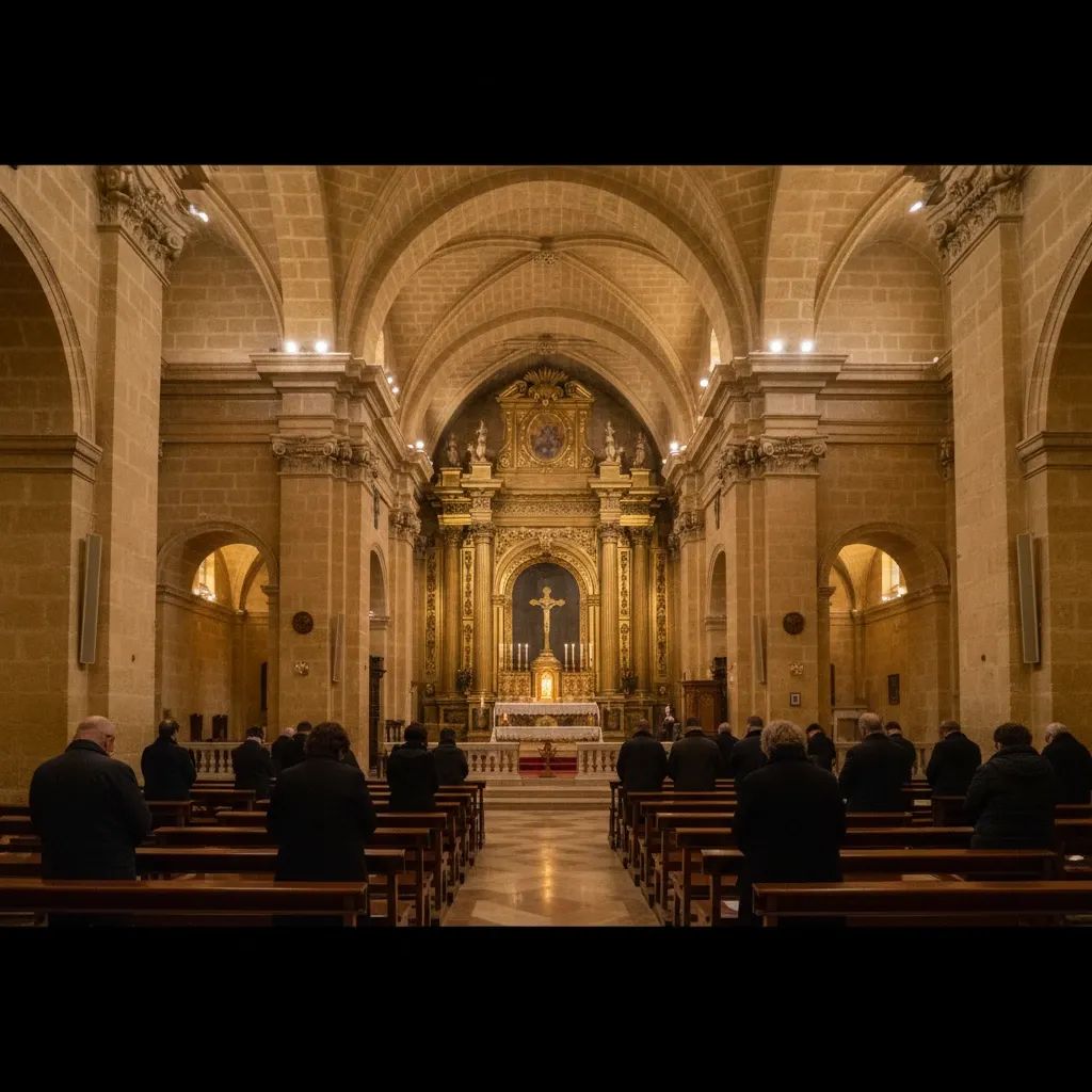 Interior of St Francis Church in Victoria with a small reliquary on the altar as visitors pray quietly