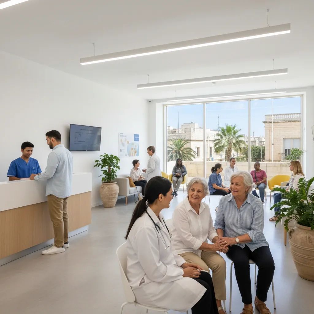 Healthcare professional discussing treatment options with diverse patients in modern clinic setting