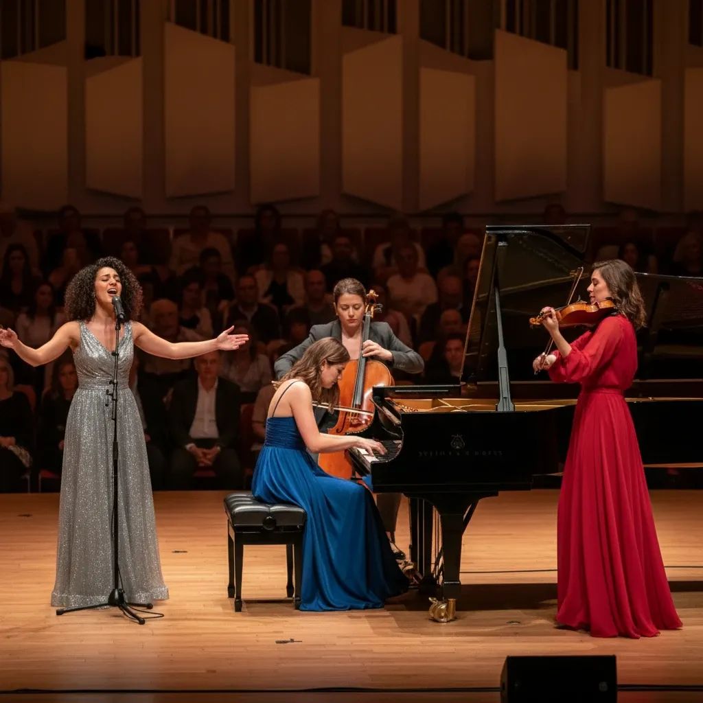 Female choir performing on stage with warm theatrical lighting at concert venue