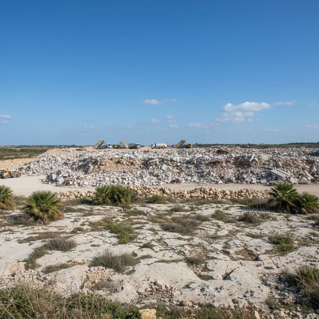 Wide view of Maltese landfill with construction rubble piles and waste trucks against a clear sky