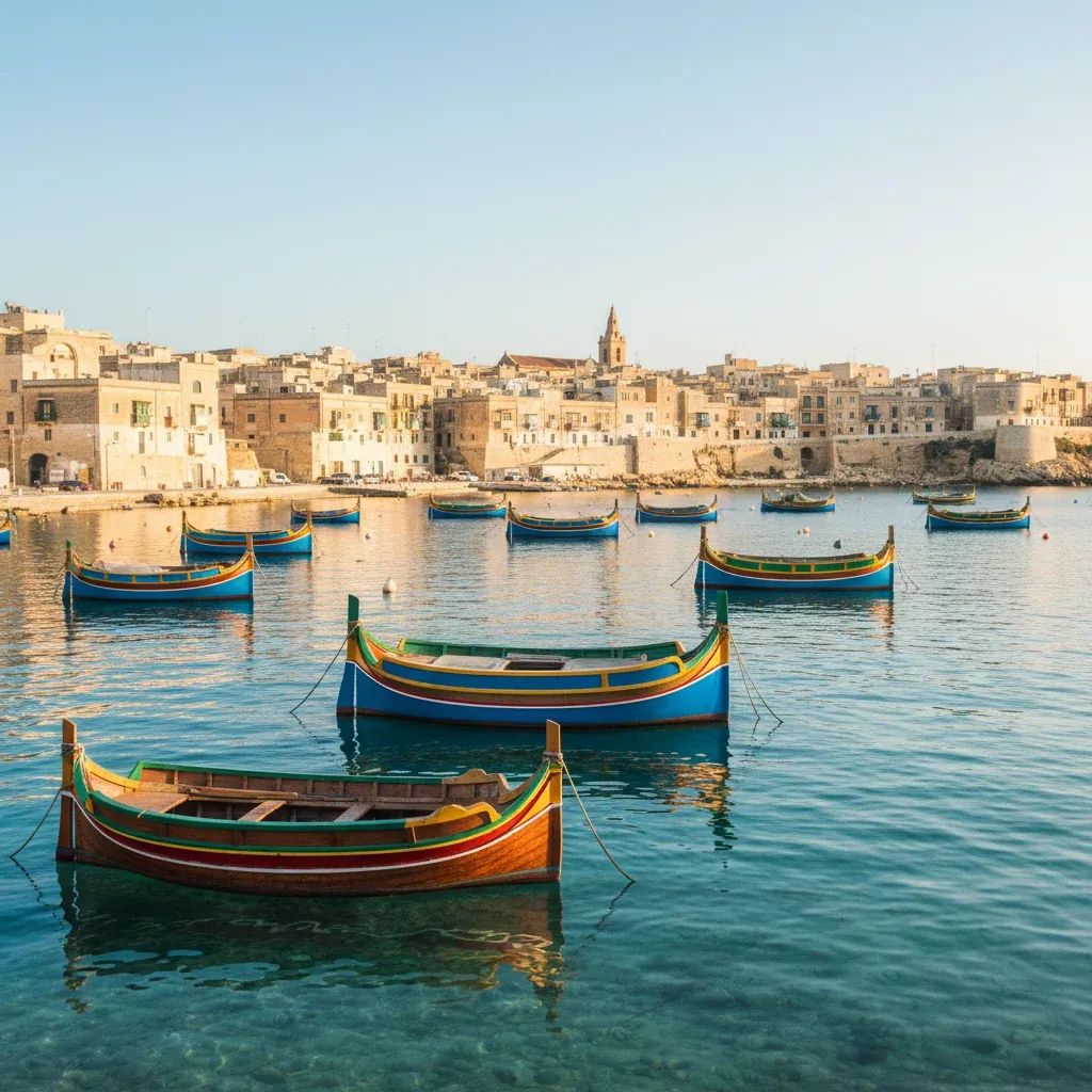 Traditional wooden luzzu fishing boats anchored in Spinola Bay, Sliema, representing Malta's maritime heritage