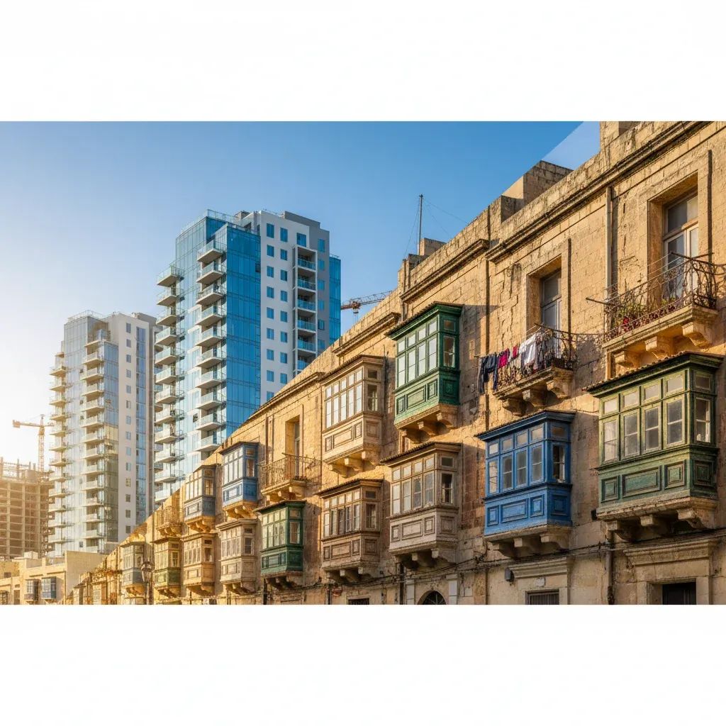 Contrasting Malta neighborhoods showing new apartment buildings beside older rental units, illustrating property inequality