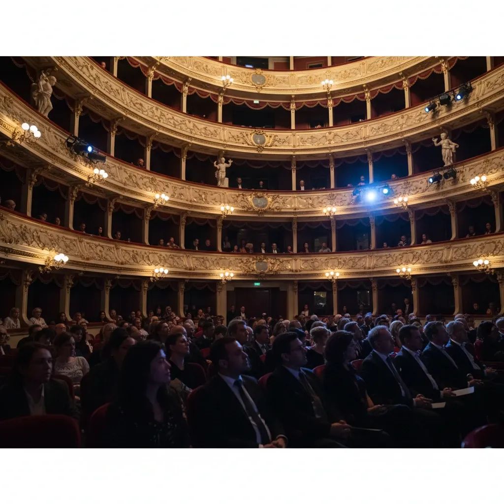 Diverse audience seated in historic Teatru Manoel watching international theatre performance with stage lighting