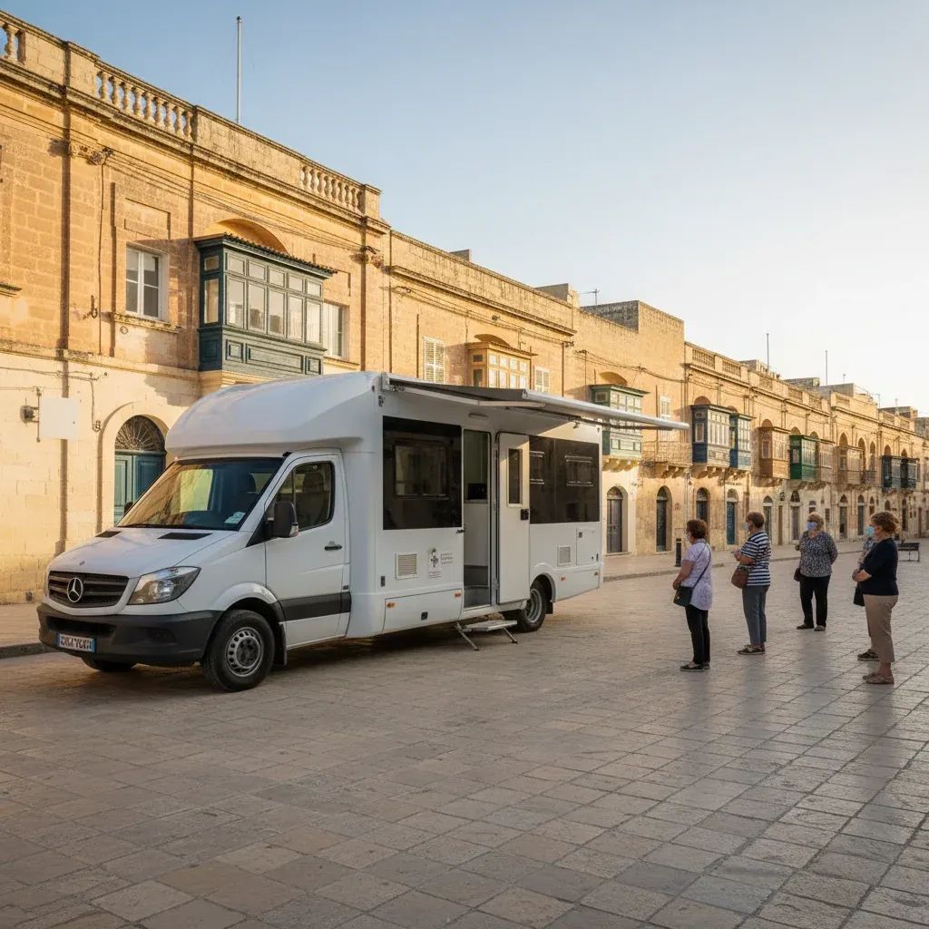 Mobile eye-screening van in a Maltese village square with residents queuing for free vision checks
