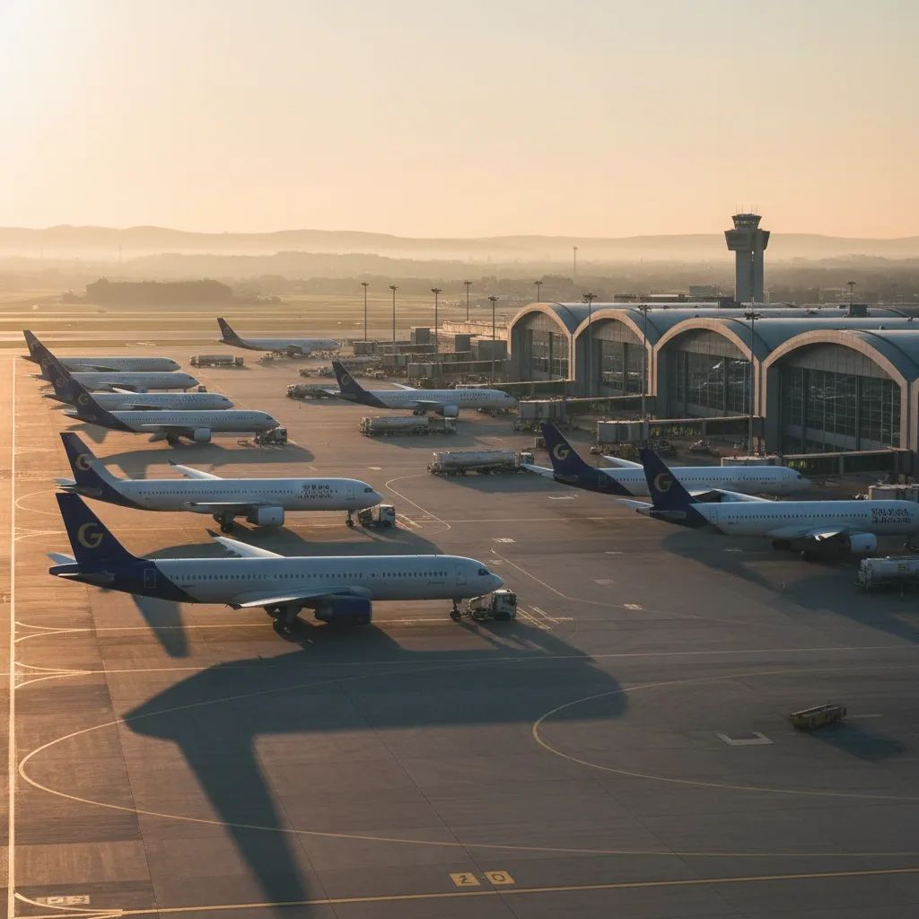 Commercial aircraft at European airport with fuel supply infrastructure visible in background