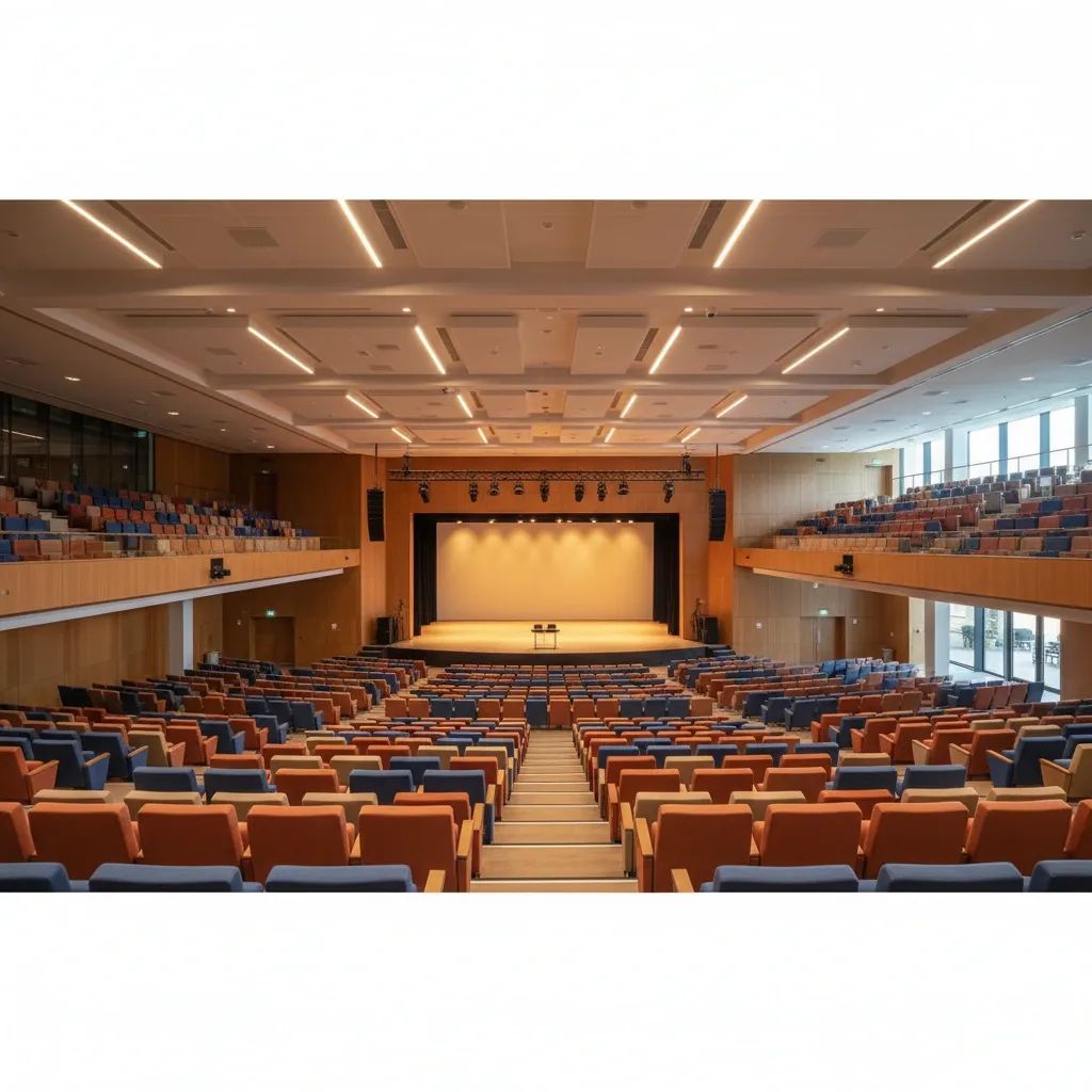 Modern convention centre interior with large auditorium seating and professional stage lighting