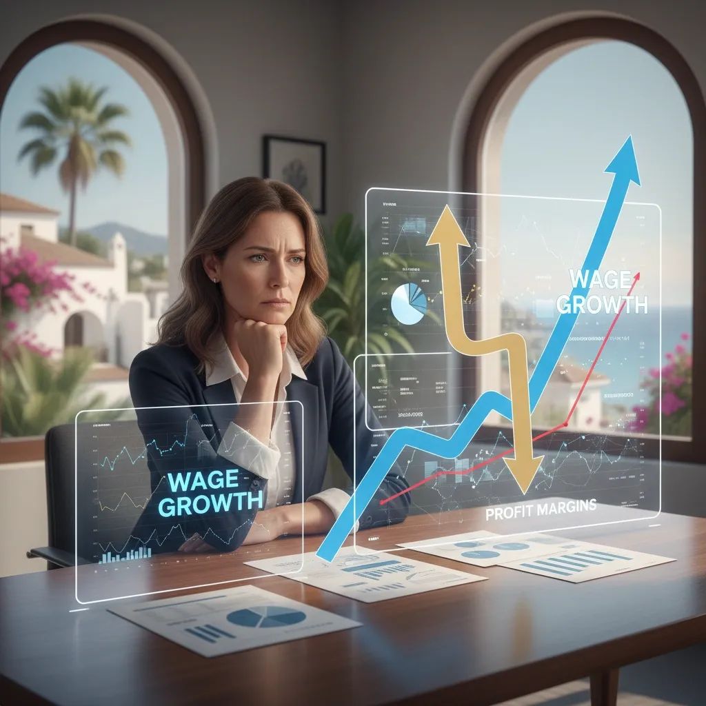 Small business owner reviewing financial reports showing declining profit margins amid rising wage costs