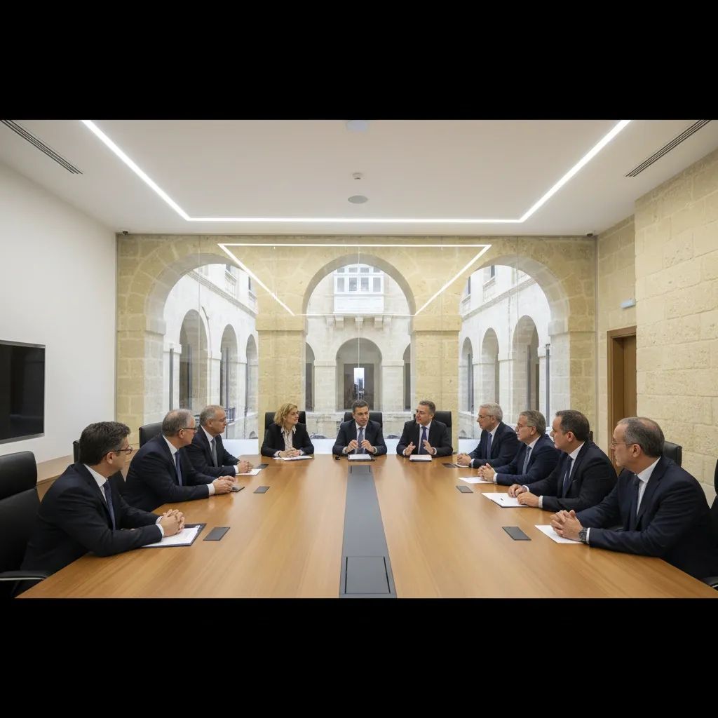 Local government officials and residents discussing Malta's municipal governance reforms in modern meeting room setting