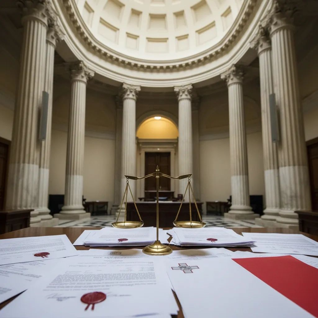 Interior of a formal courthouse with judicial symbols representing Malta's legal system and constitutional crisis