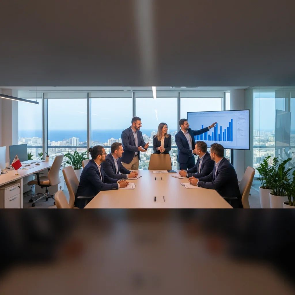 Diverse workers in modern Malta office setting, representing multicultural workforce and labor leadership themes