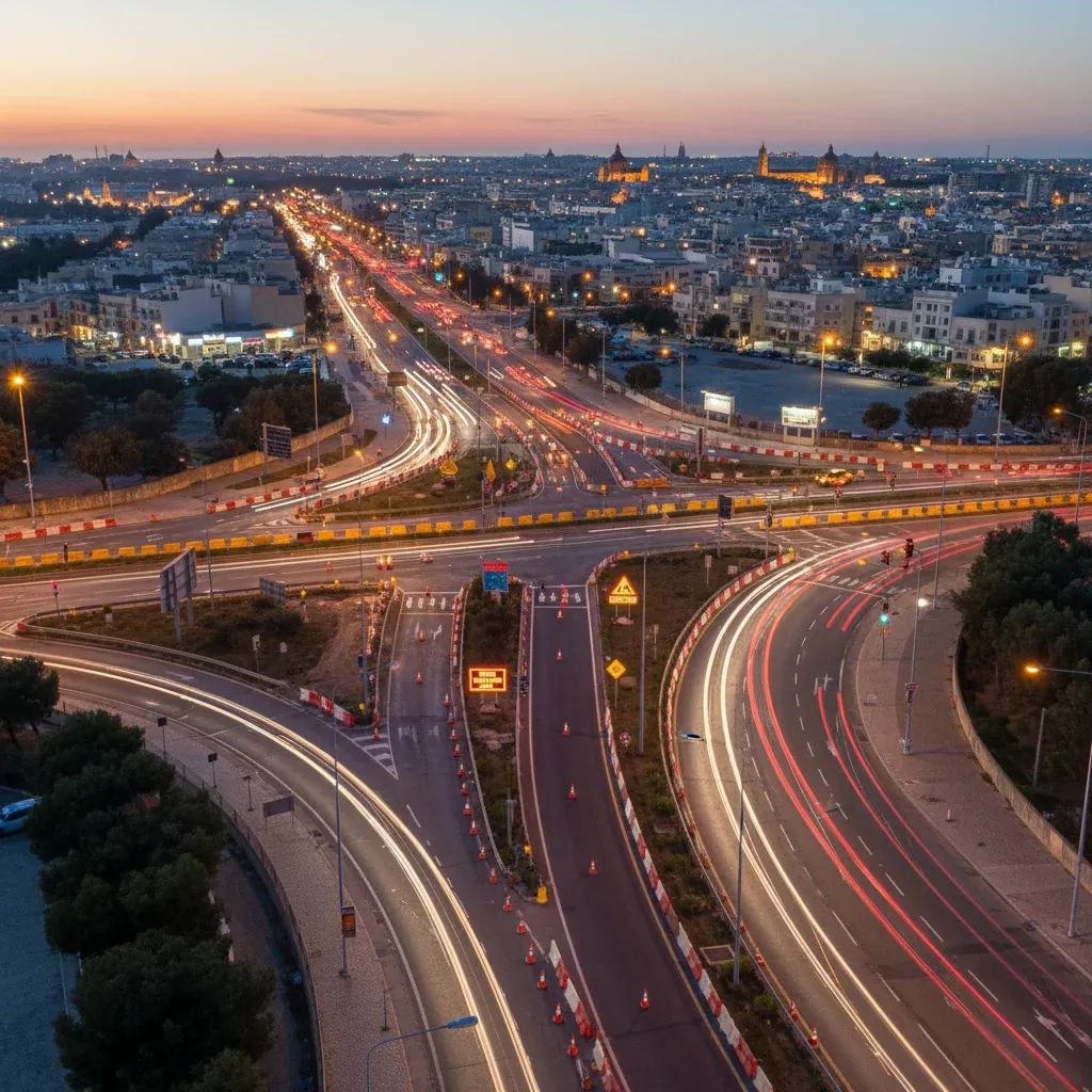 Birkirkara bypass with construction cones and closure signage during evening hours