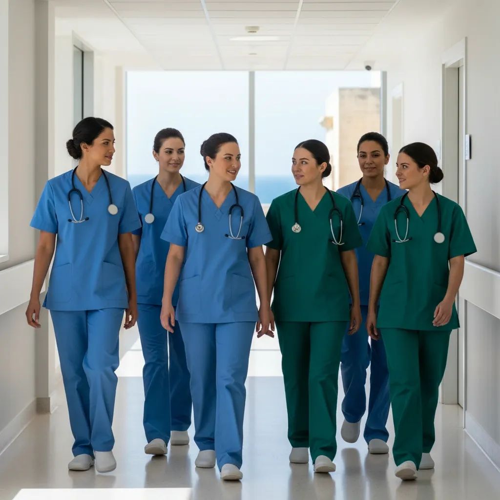 Several nurses in scrubs walk down a well-lit hospital corridor, reflecting Malta’s new healthcare reforms