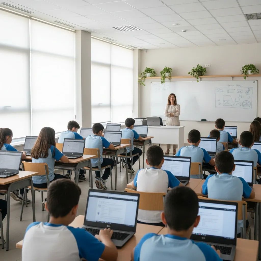 Secondary school classroom in Malta where students work on identical grey laptops during a lesson
