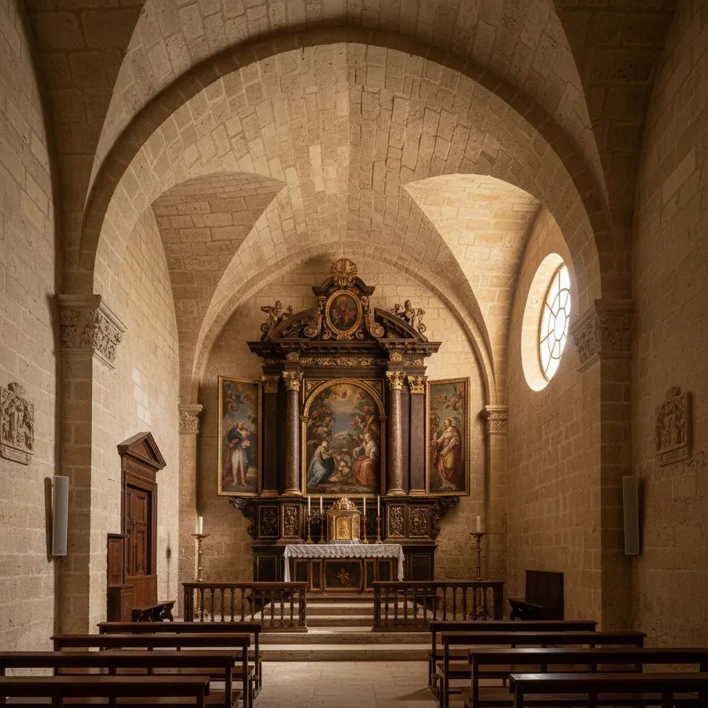 Interior of St Joseph Chapel in Gozo Citadel showing restored altarpiece above stone altar with arched ceiling