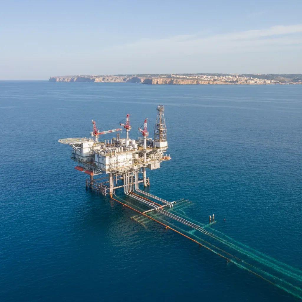 Offshore fuel platform infrastructure in Mediterranean waters with Malta coastline in distance