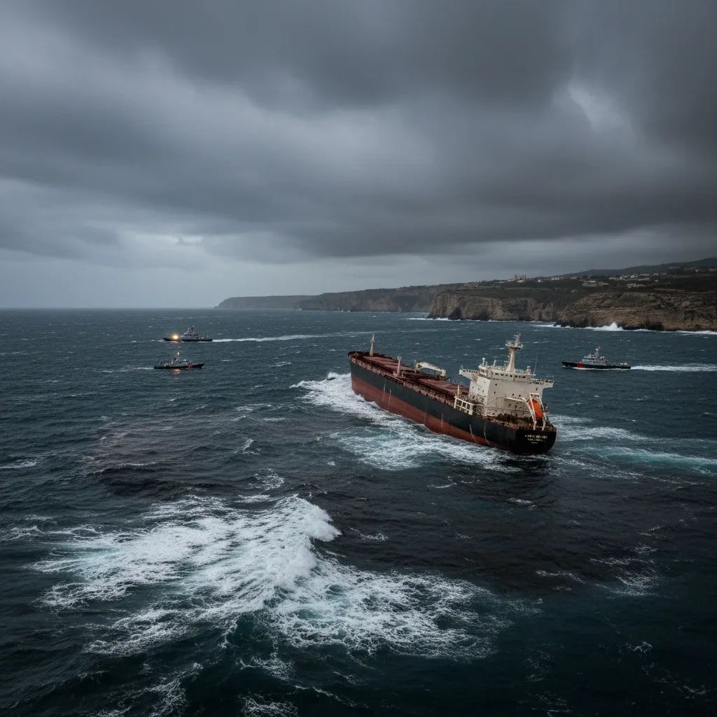 Damaged Russian tanker drifting in Mediterranean waters near Malta with emergency response vessels standing by