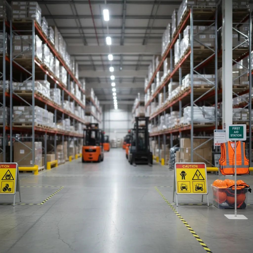 Industrial warehouse interior with storage racks and machinery, emphasizing workplace safety concerns