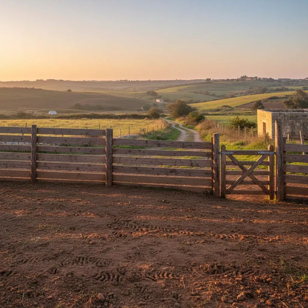 Empty goat pen with open gate on a Ta’ Qali farm at dawn after livestock theft