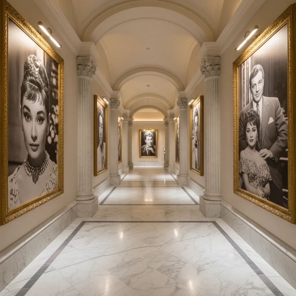Marble hotel corridor at Corinthia London lined with large celebrity portraits from Lorenzo Agius exhibition
