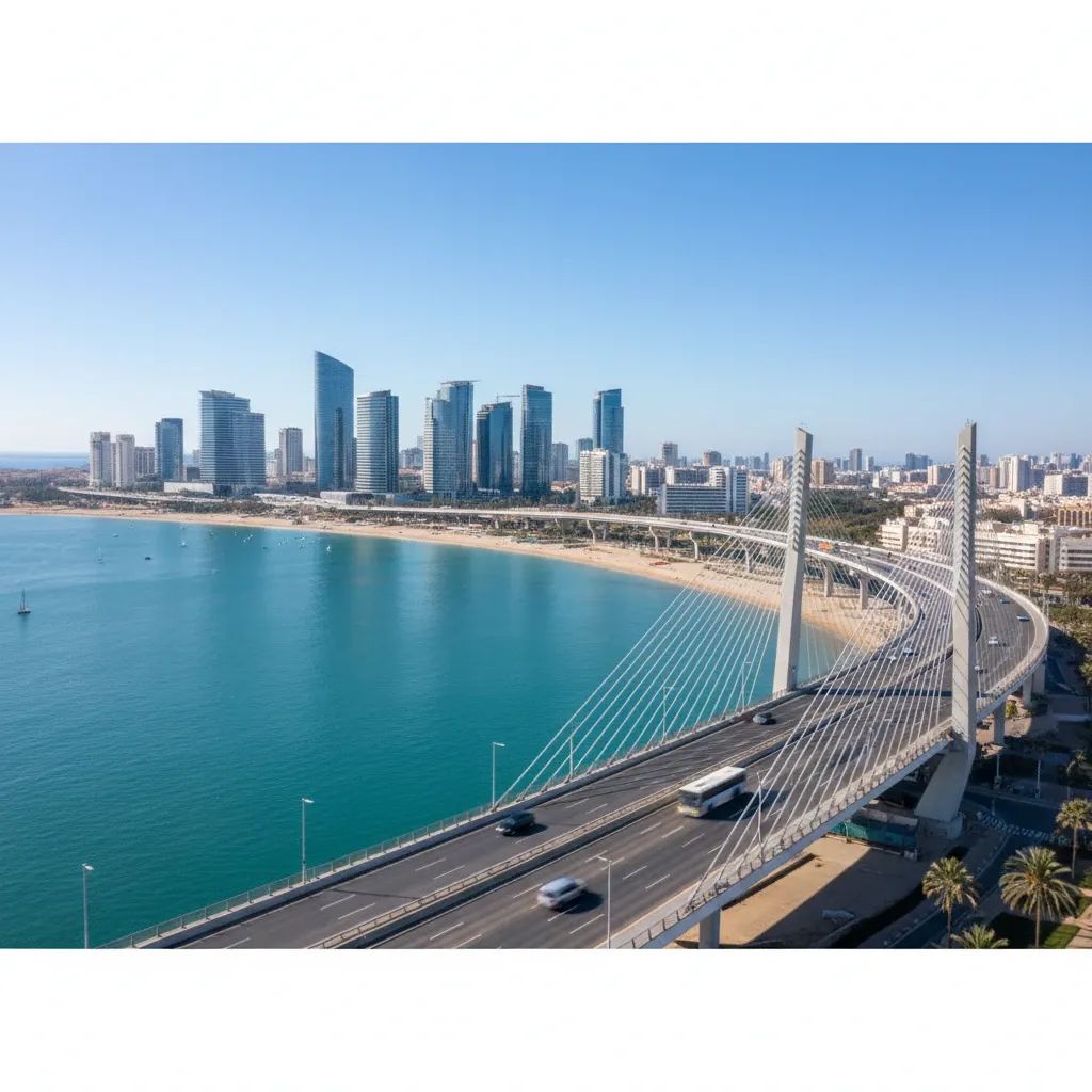 Modern steel flyover bridge spanning Msida waterfront with vehicles and Mediterranean backdrop