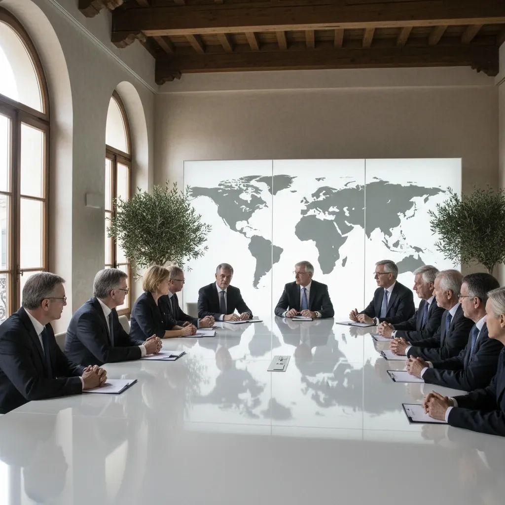 Diplomatic meeting with international representatives discussing Malta's foreign policy strategy at formal conference table