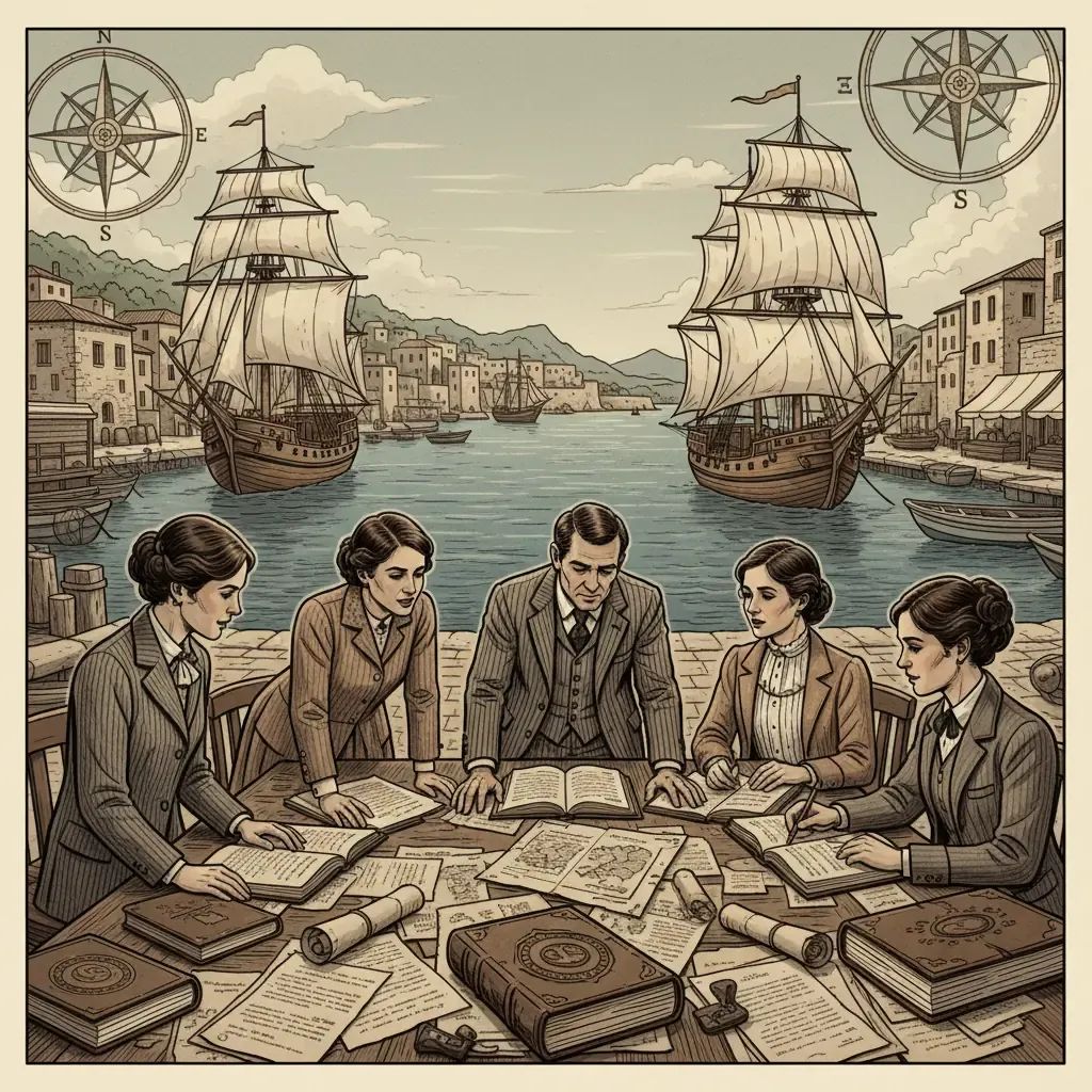 Vintage comic book illustration with maritime adventure theme and scholarly conference elements, representing Hugo Pratt's legacy