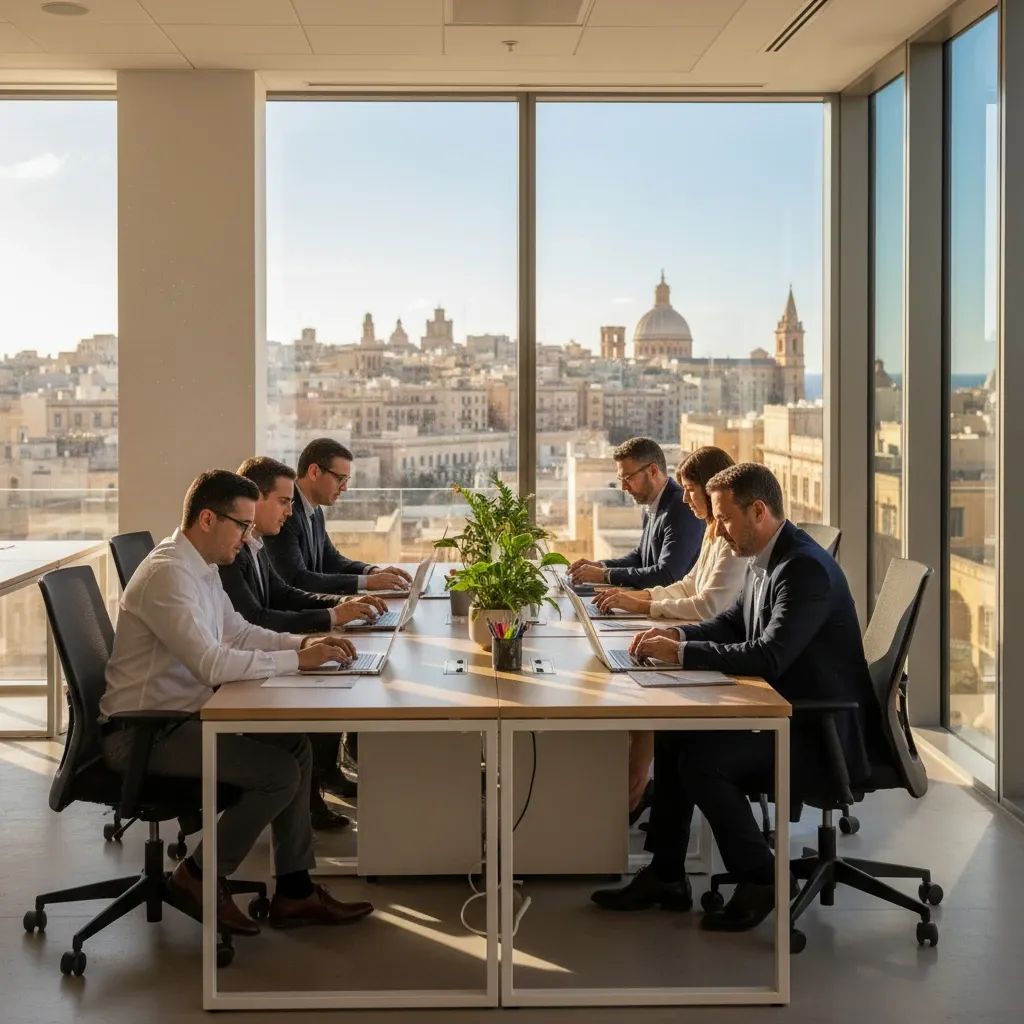 Diverse professionals working in contemporary Malta office setting during business hours