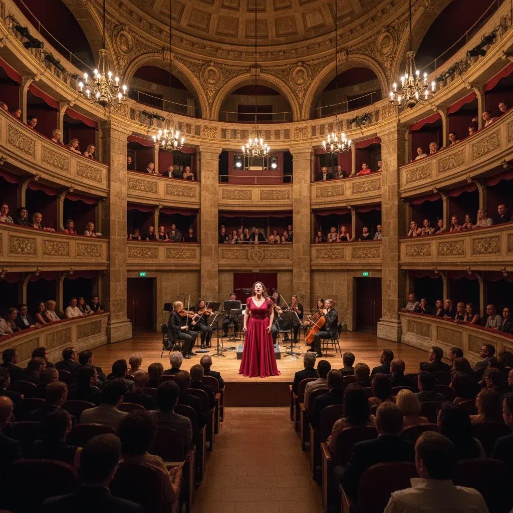 Operatic performance on stage in historic Gozitan theater with audience watching