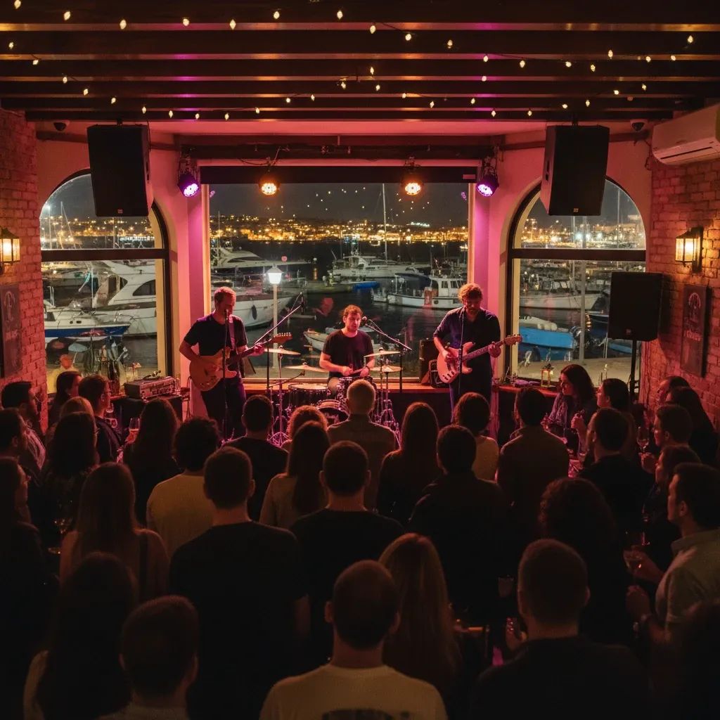 Silhouetted band playing on a warmly lit stage inside Ta’ Xbiex bar with night seafront visible through windows