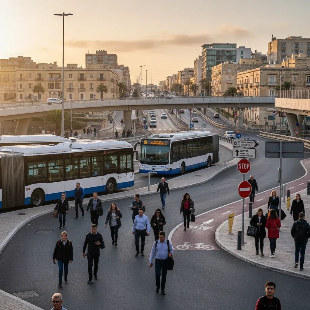 Modern transit hub with electric buses and diverse commuters representing Malta's traffic relief measures