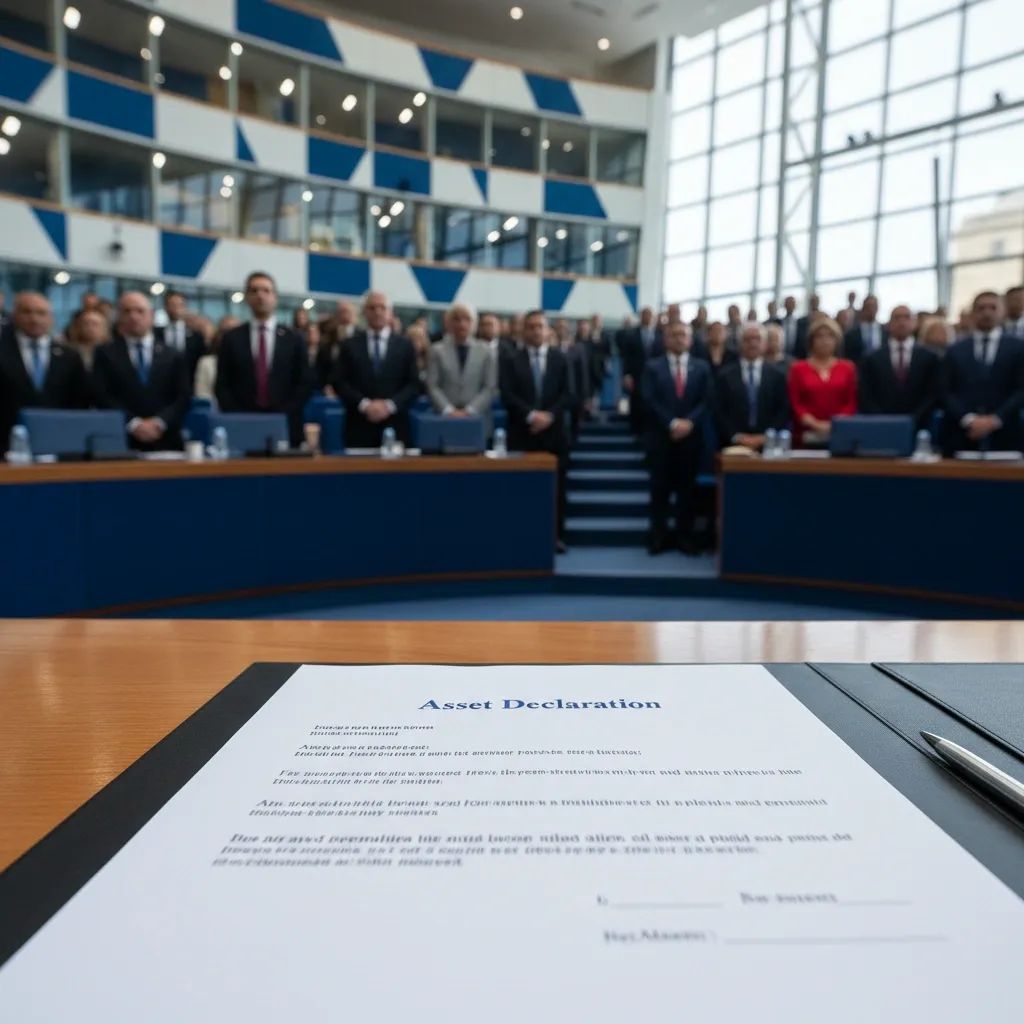 Official parliamentary document on asset disclosure displayed in front of blurred Malta government building setting
