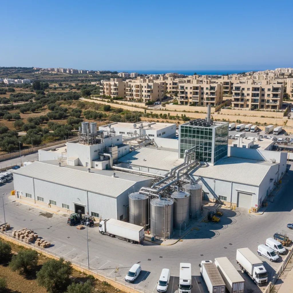Aerial view of industrial dairy facility with residential buildings nearby, representing the Benna relocation impact on Malta neighborhoods