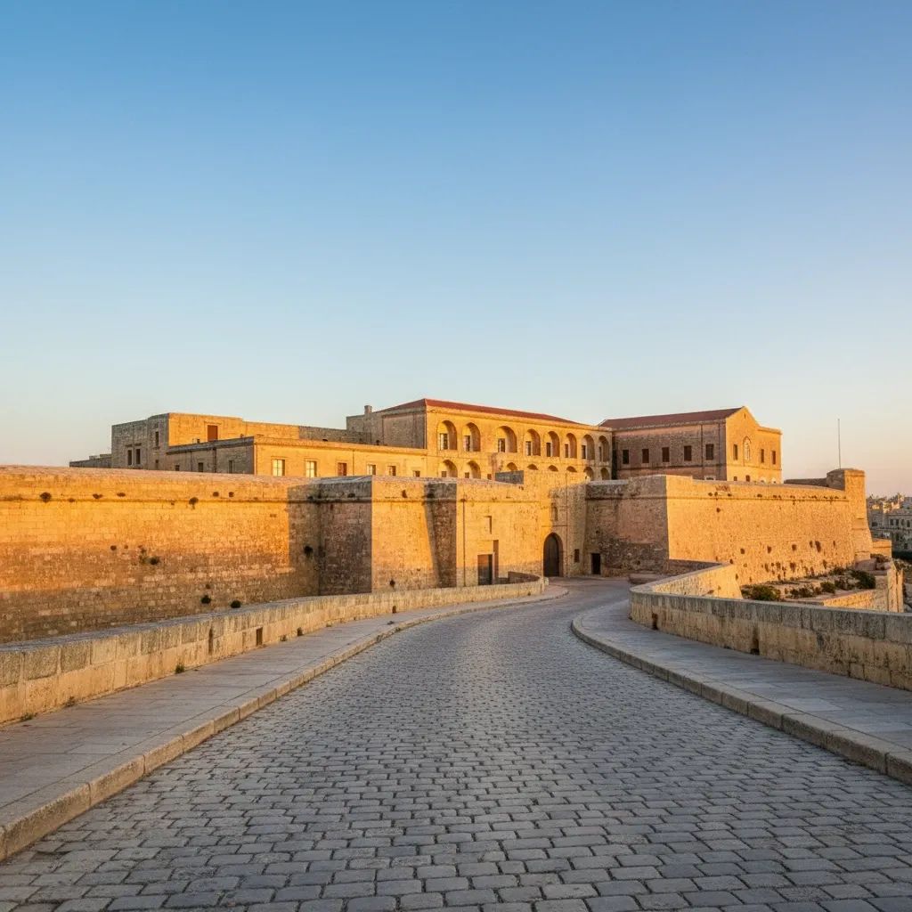 Wide-angle view of Mdina’s limestone walls and St Peter’s Monastery by the main gate under warm sunlight