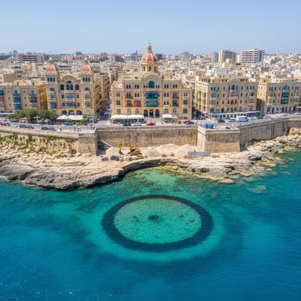 Aerial view of Balluta Bay showing historic coastal architecture and protected seagrass meadow threatened by development
