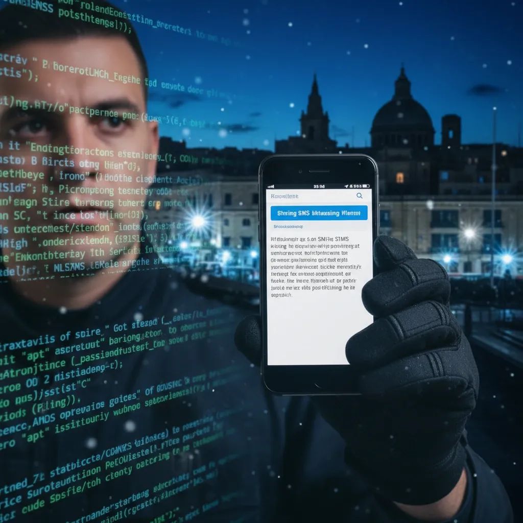 Police officer inspects spoof banking SMS on phone, illustrating Malta’s busted smishing scam