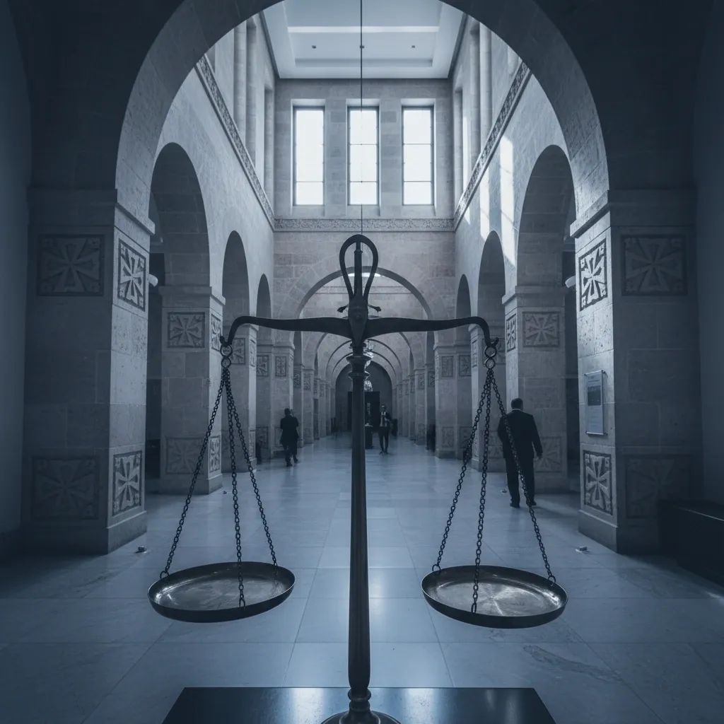 Interior of Malta courthouse with scales of justice, representing wrongful conviction case and legal appeal process
