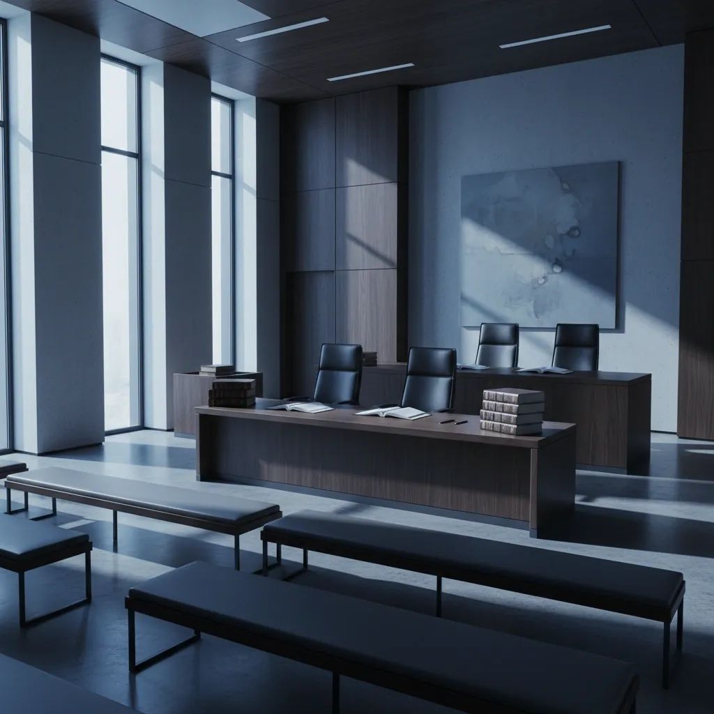 Empty courtroom with judicial bench, symbolizing legal rulings on detention practices