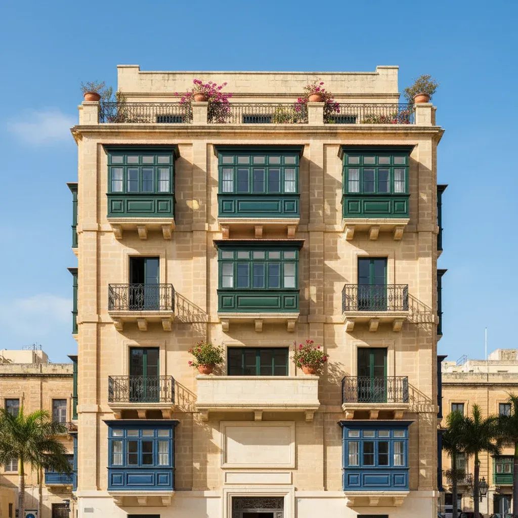 Typical Mediterranean apartment building exterior with balconies, representing Malta's residential short-let properties