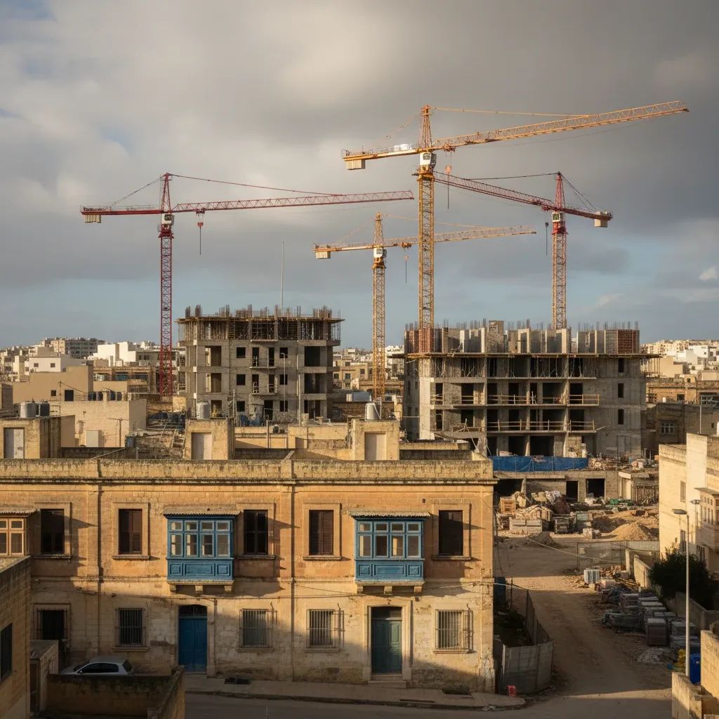 Maltese homes overshadowed by tall construction cranes, symbolising uncertainty over stalled planning laws