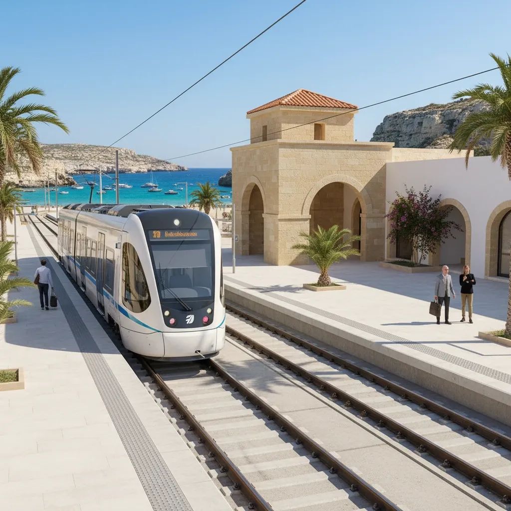 Modern light rail train at station with Mediterranean coastal backdrop illustrating Malta's new transport infrastructure project