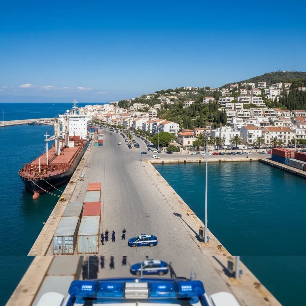 Police enforcement operation in Marsa port district, Mediterranean coastal area with industrial backdrop