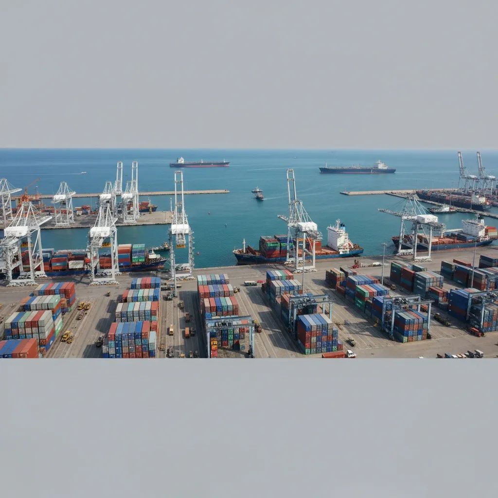 Busy Mediterranean shipping port with cargo containers and merchant vessels, representing supply chain disruptions