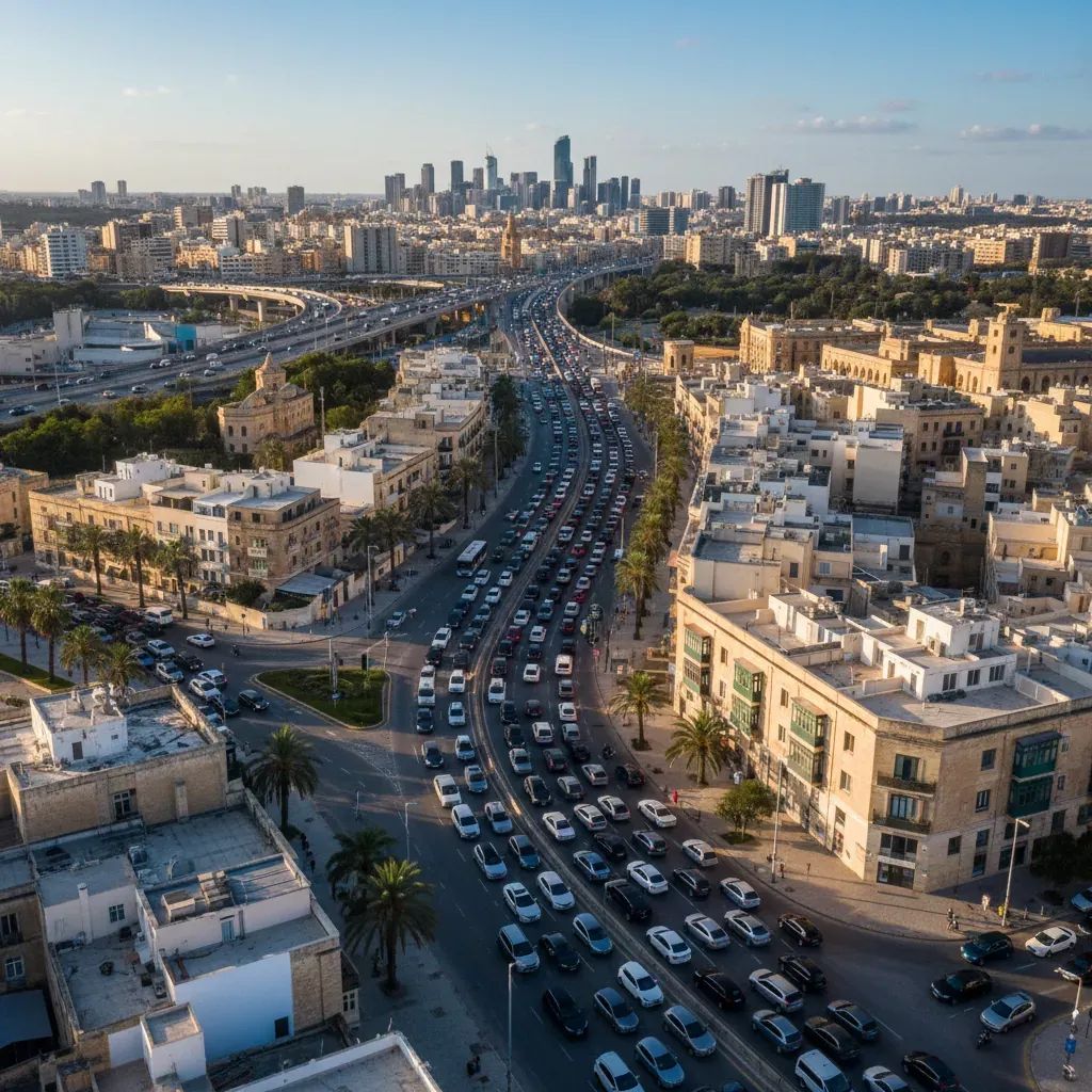 Congested urban street in Malta showing heavy traffic during rush hour