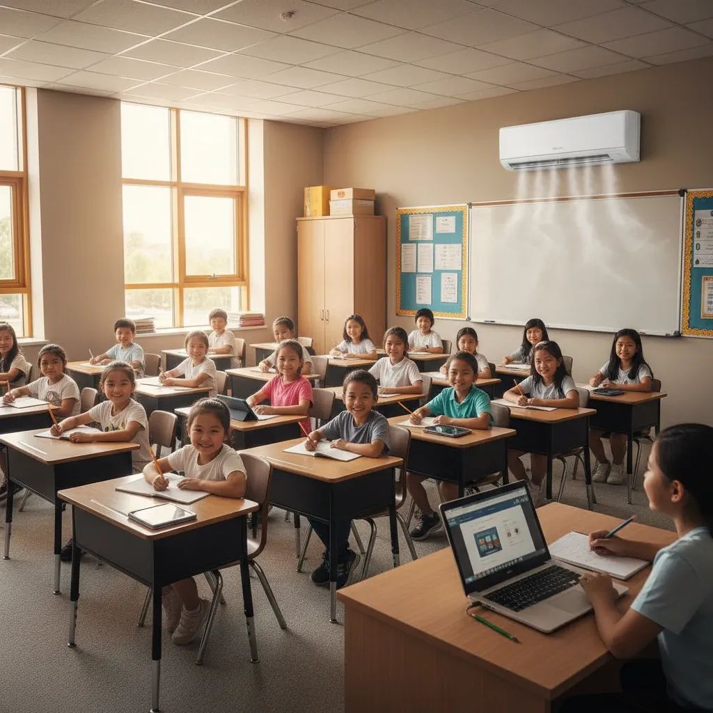 Modern classroom setting with diverse students and visible air conditioning unit on wall