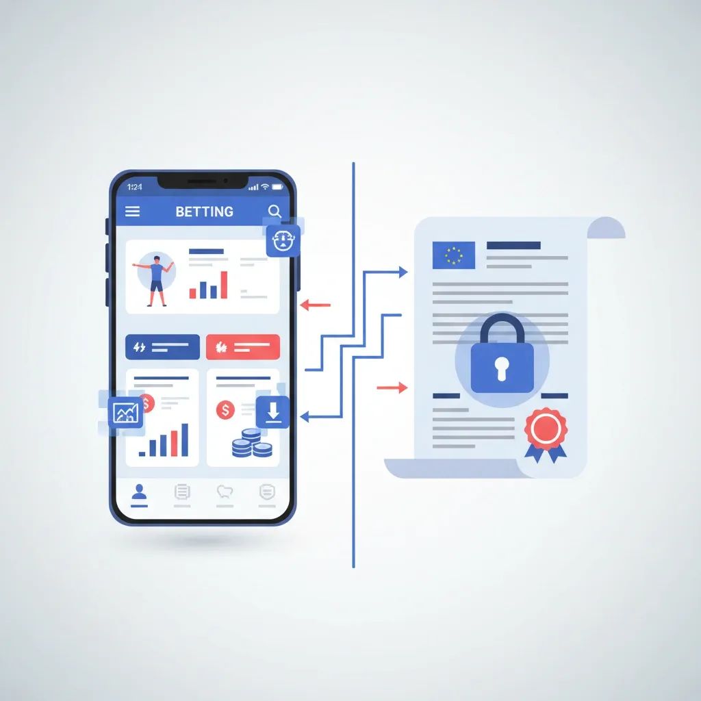 Split-screen infographic showing online betting app contrasted with EU regulatory restrictions, representing changing gaming regulations