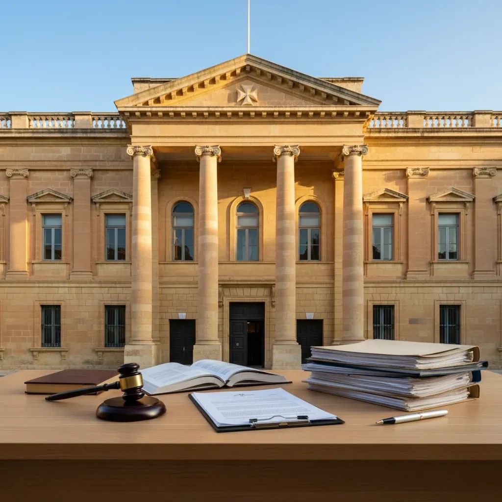 Malta courthouse hallway with legal documents and professional judicial setting